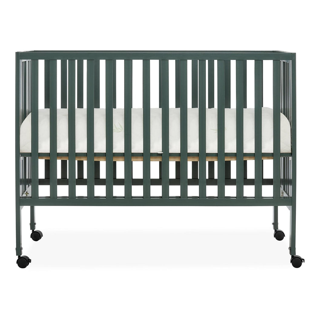 Dream On Me Quinn Full-Size Folding Crib. Removable Wheels. Modern Nursey. Adjustable Mattress Support. Patent Folding System in Olive