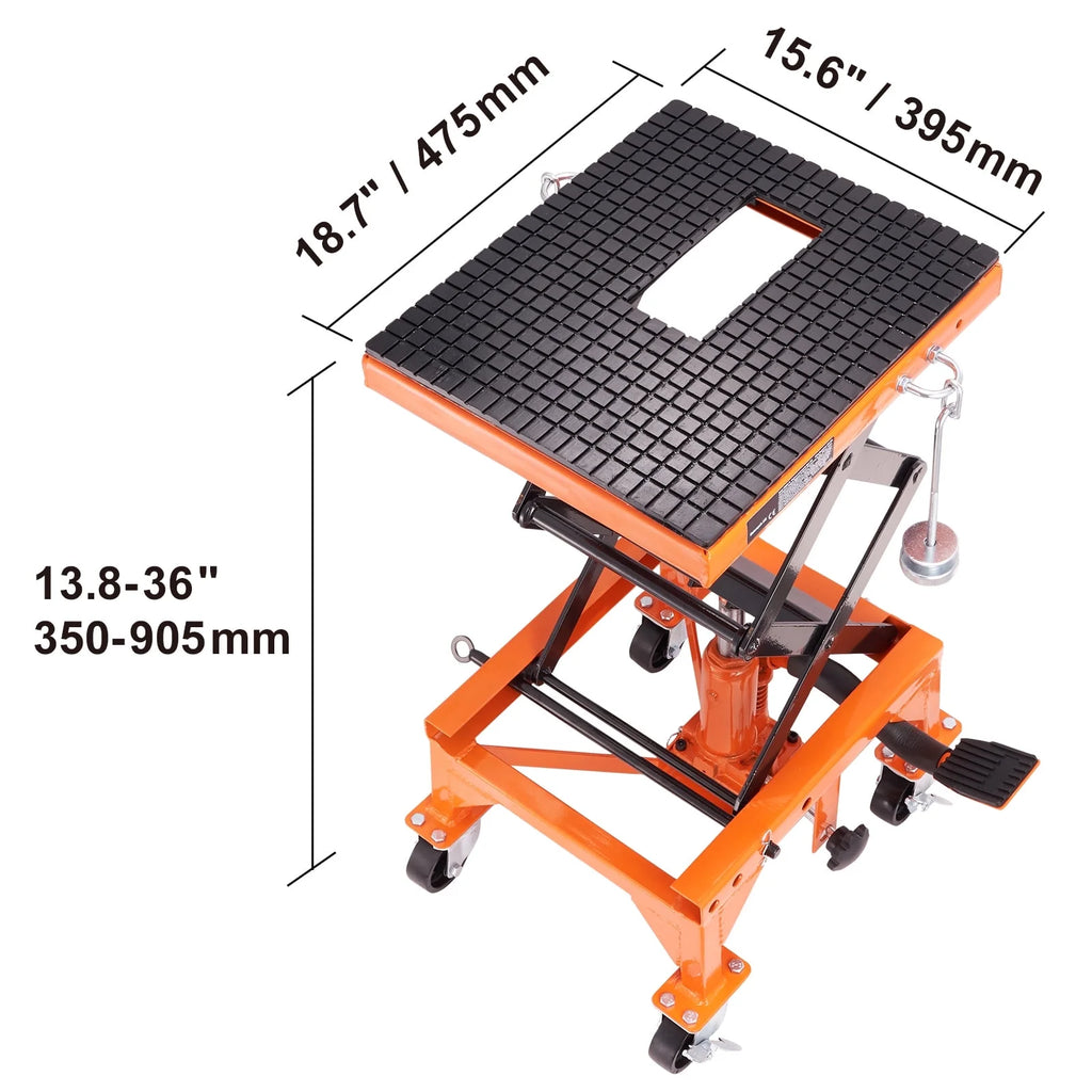 BENTISM Hydraulic Motorcycle Lift Table 350 lbs Height 13'-36' Dirt Bike Scissor Jack Stand with Wide Deck Safety Pin J-hook