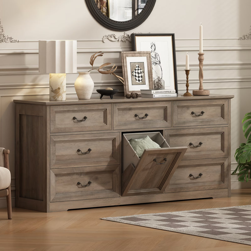 63" Wide Farmhouse 7-Drawer Dresser with 2 Laundry Hamper for Bedroom,Chest of Drawers, Gray Finish, Vintage Black Handles, Living Room Storage Cabinet,Gray