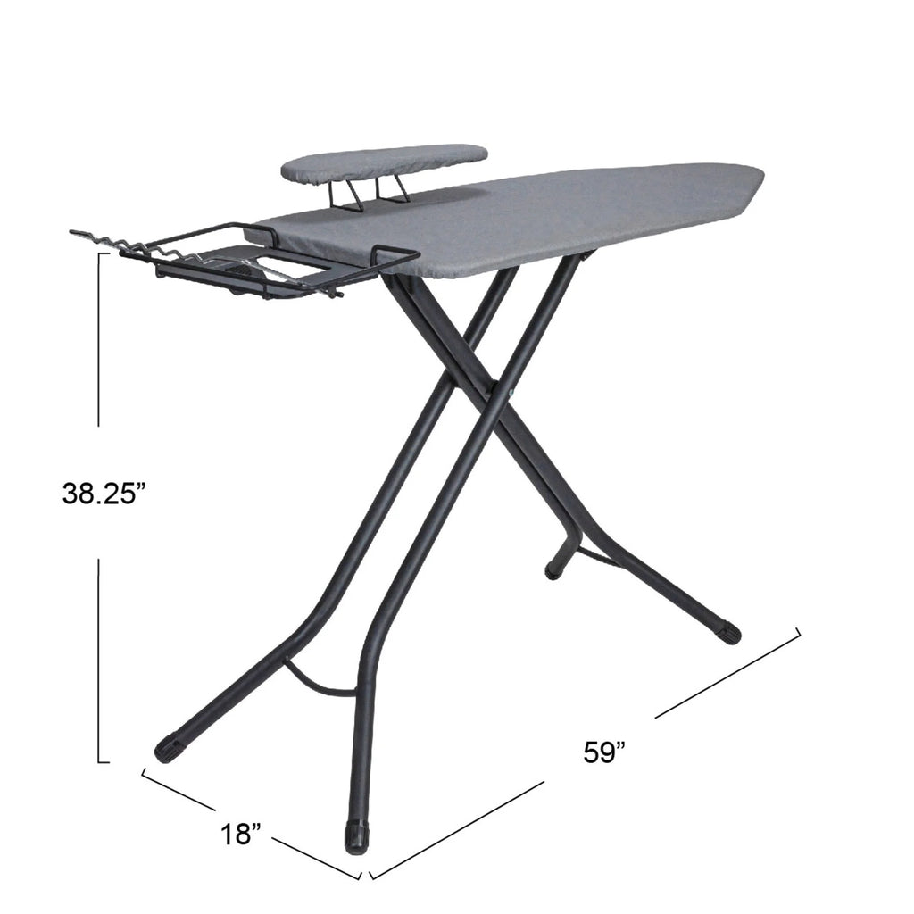 Household Essentials Wide Mega Ironing Board 4-Leg, Steel Top Pressing Station, Heat-Resistant Fiber Pad and Cotton Cover, Includes Sleeve Board and Iron Rest with Hanger Bar, Silver Frame