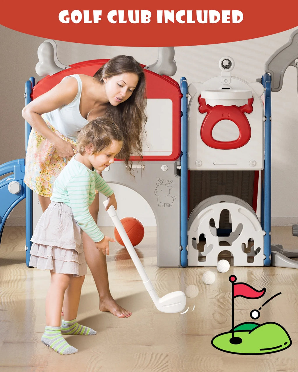 KORIMEFA 13-in-1 Toddler Slide, Kids Swing and Slide for Toddlers Age 1-4, Outdoor Indoor Playground Playset for Toddlers with Basketball Hoop and Ball Playset Telescope, Blue