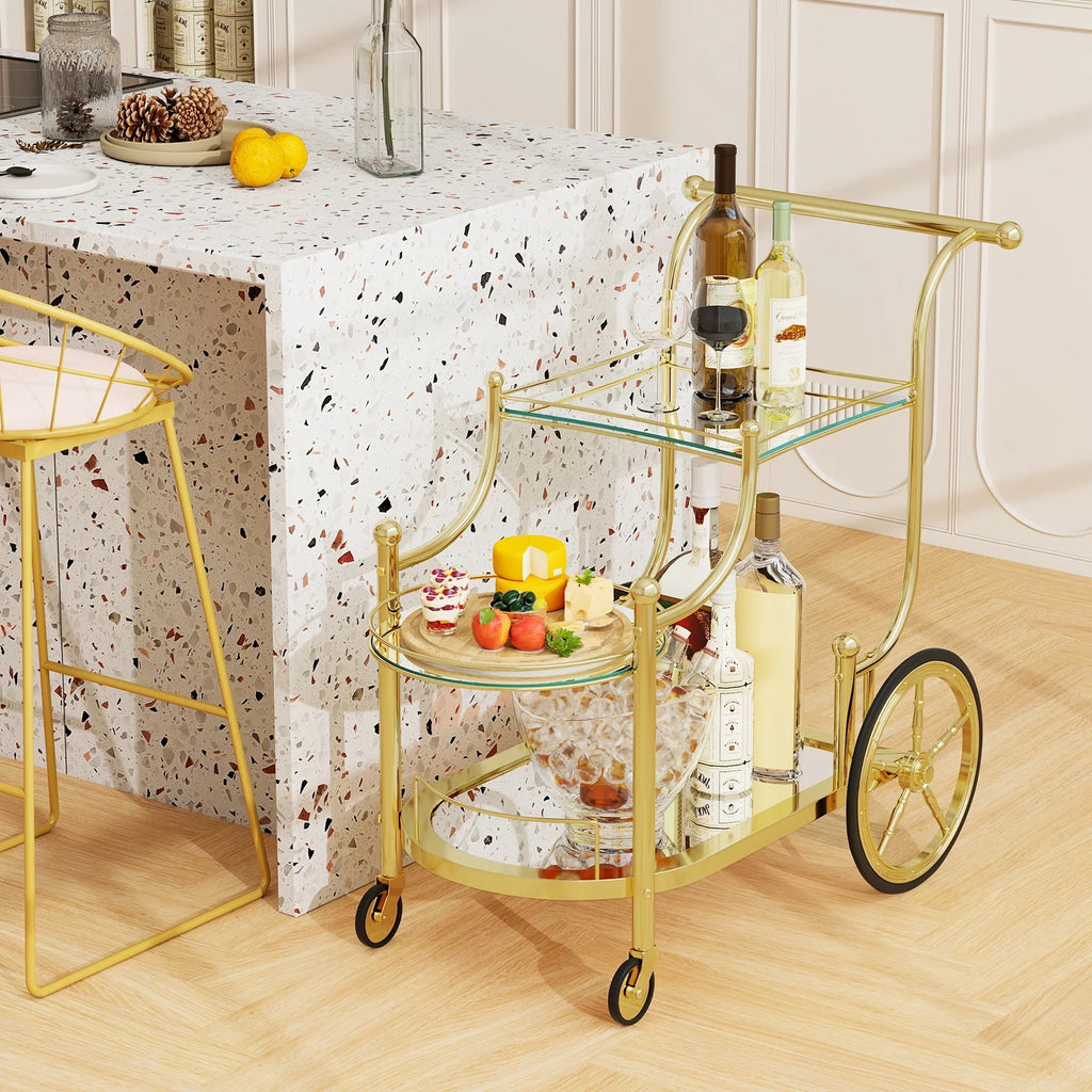 Gymax 3-Tier Home Bar Serving Cart on Wheels w/ Mirrored Shelves for Kitchen