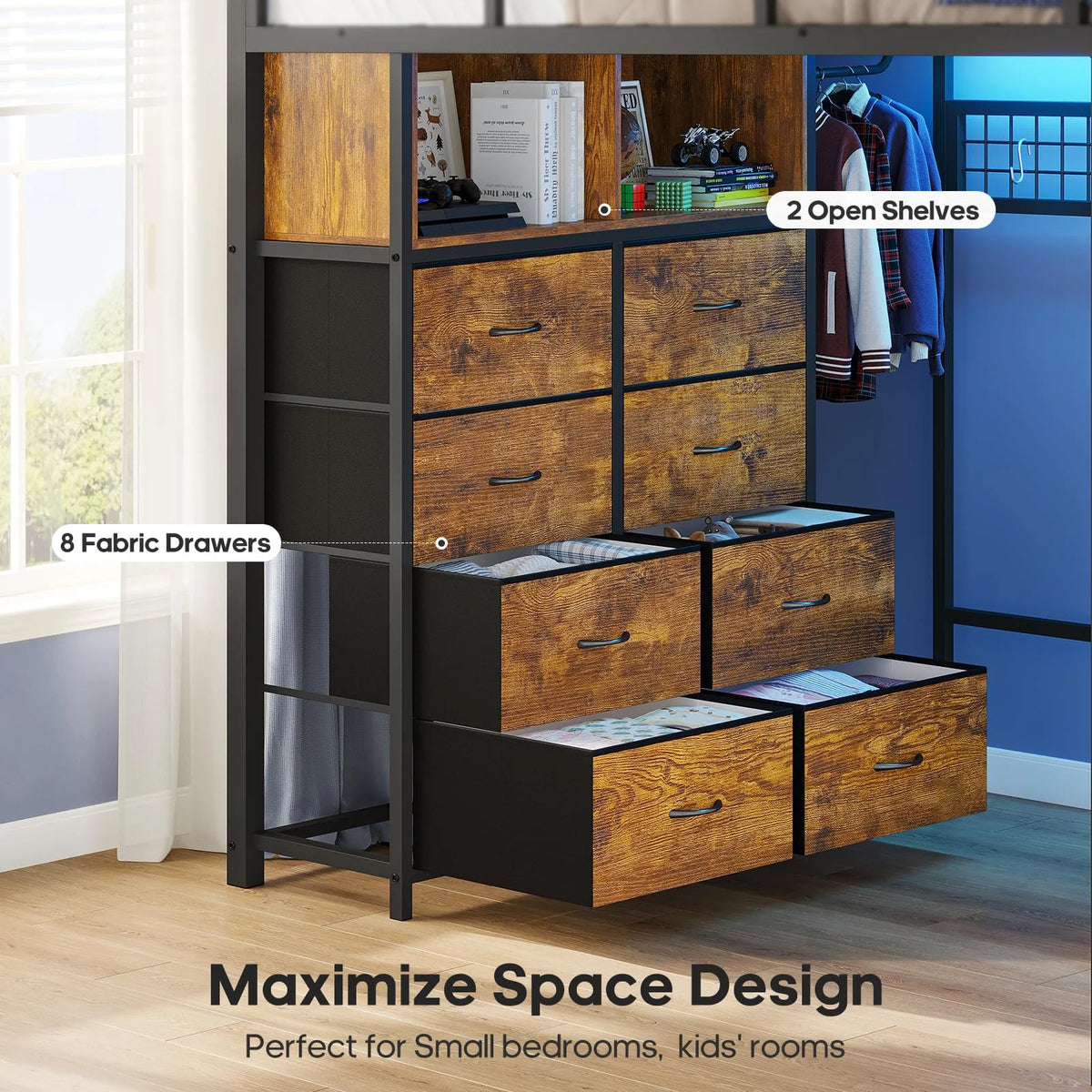 Afuhokles Twin Size Loft Bed with Desk and 8 Storage Drawers and Charging Station, Metal Loft Bed Twin with LED Lights, Storage Shelves, Black