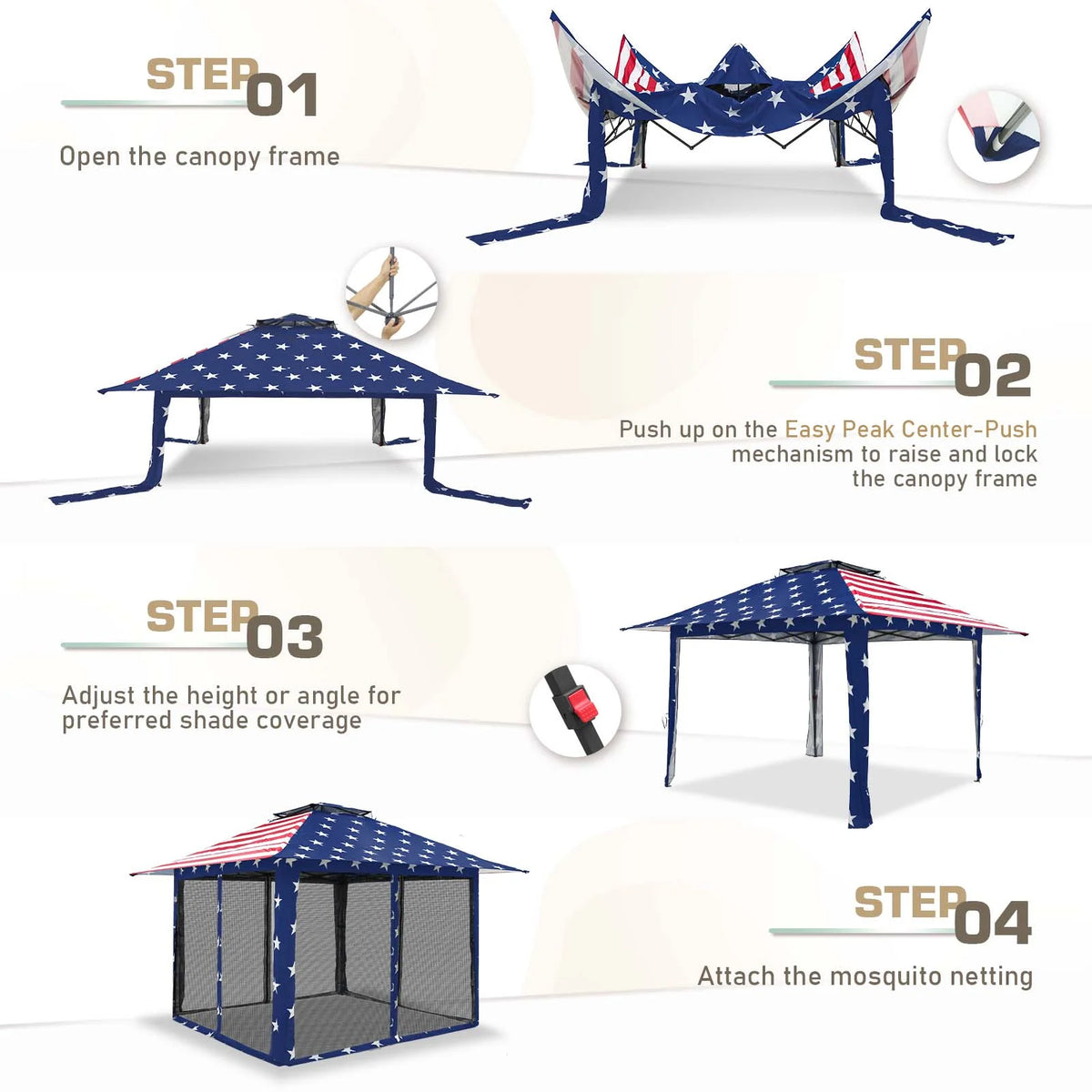 EAGLE PEAK 13' x 13' Pop-Up Gazebo Tent Instant w/Mosquito Netting，Outdoor Gazebo Canopy Easy Set-up Folding Shelter (Beige/Brown)