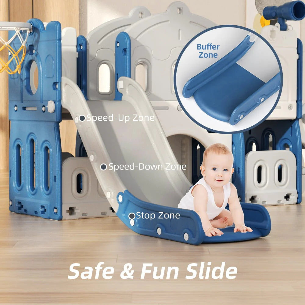 XJD 8-in-1 Toddler Slide Climber, Slide Set Playground for Kids, Slide Toddlers Climber and Slide Set with Basketball Hoop and Ball, Slide for Toddlers Age 12 Month +(Blue)