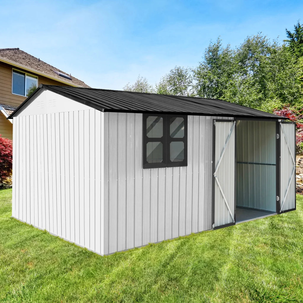 10x12 FT Outdoor Storage Shed, Metal Garden Tool Shed with Vents, Window and Bulit-in Hooks, Waterproof  Organization for Home/Backyard/Garden Tools/Lawn Storage, Yellow+White