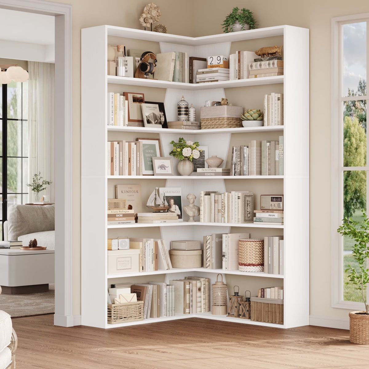 Homfa 6-Tier Corner Bookcase, L-Shaped Bookshelf with Baffle, Storage Display Rack for Office Living Room, Gray