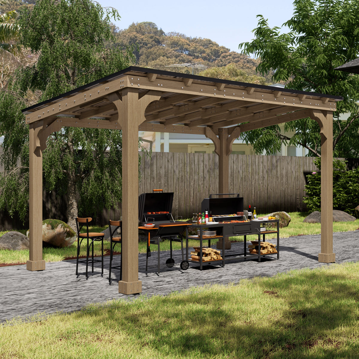 VEIKOUS 8' x 5' Outdoor Hardtop Gazebo, BBQ Grill Gazebo w/ Workstation Shelves for Lawn, Garden, Deck