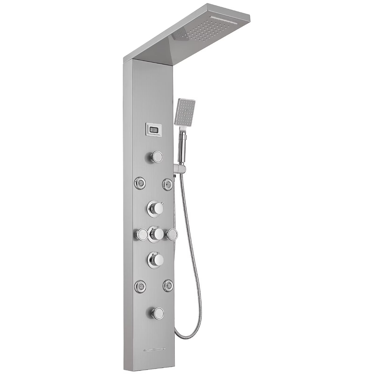 8-Jet Rainfall Shower Panel System with Rainfall Waterfall Shower Head and Shower Wand in chrome Nickel