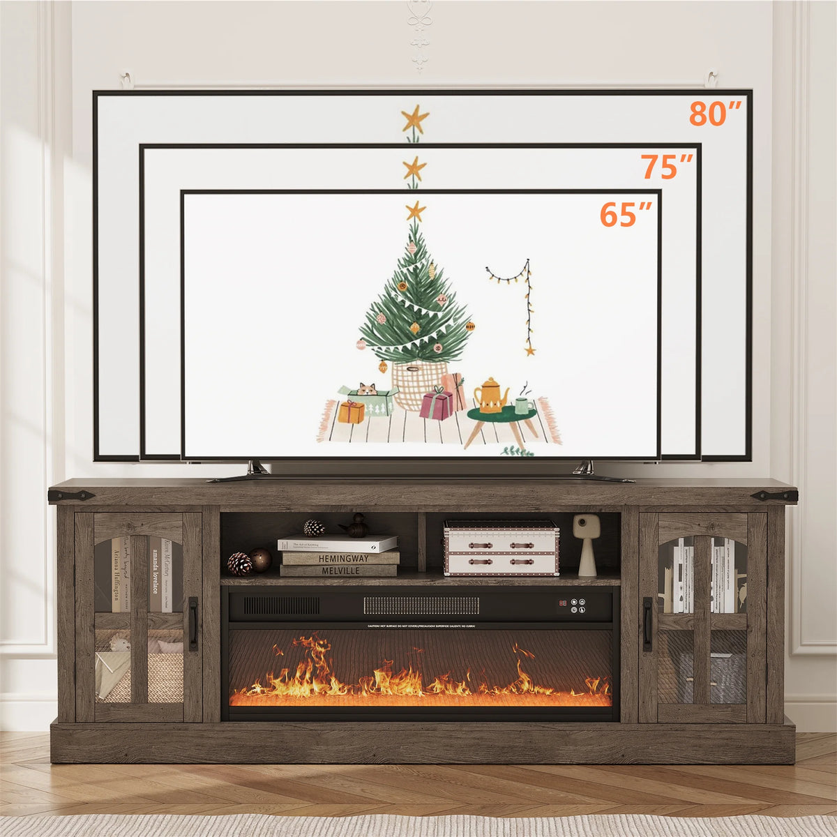 Planntonneo Mid-Century Modern Fluted TV Stand Wooden Media Console Entertainment Center for Living Room, Walnut Color