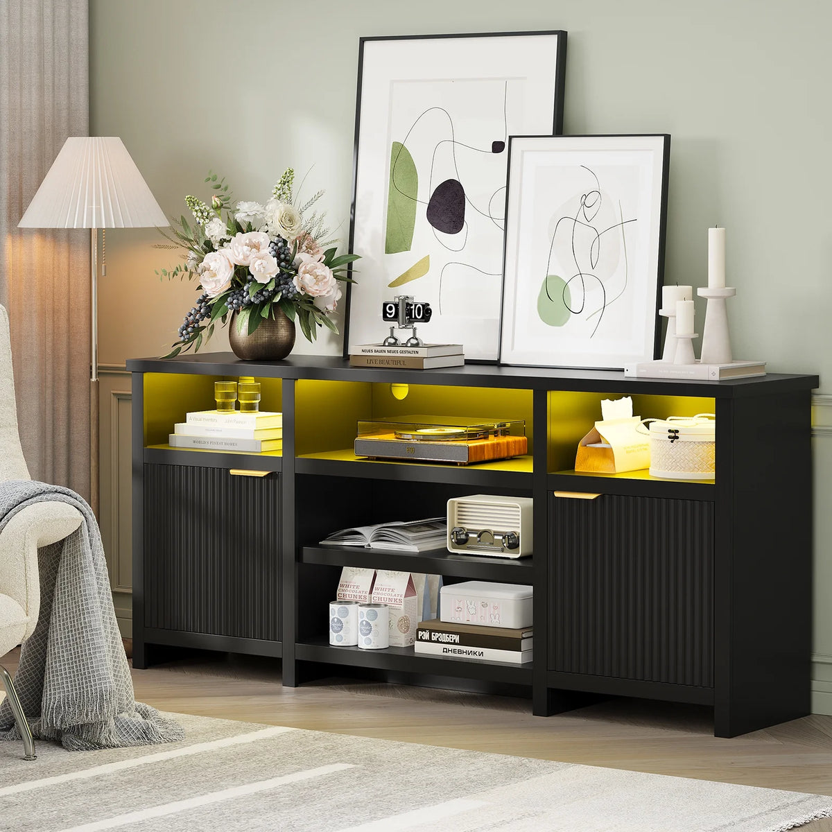Planntonneo Mid-Century Modern Fluted TV Stand Wooden Media Console Entertainment Center for Living Room, Walnut Color