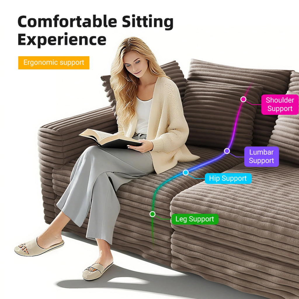Alvantor 4-Seat Sofa 102" W Corduroy Upholstered Deep Seat Couches Convertible Chaise for Living Room, Apartment Grey
