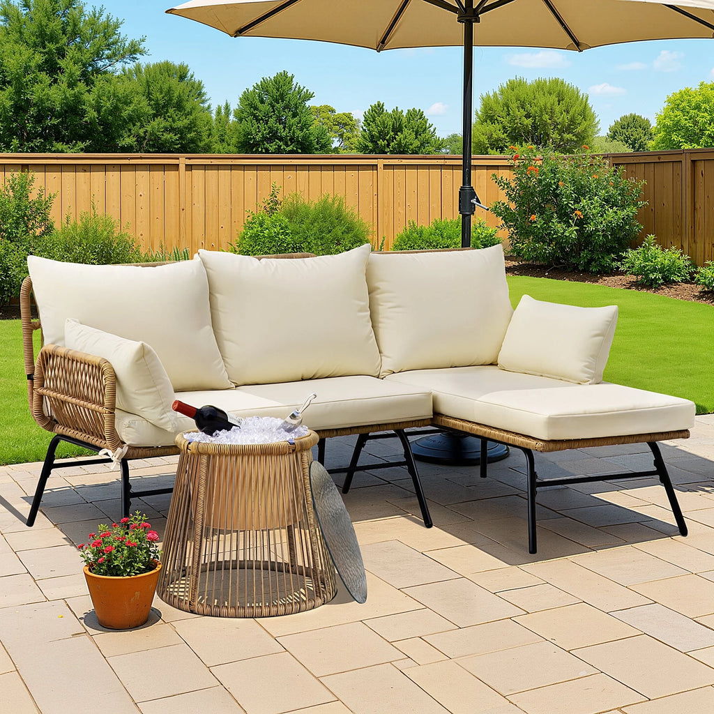 RADIATA 6-Piece Boho Patio Furniture Set, Outdoor Wicker Sectional Sofa Conversation Set with Ice Bucket & Coffee Table, 500lbs Capacity, Beige