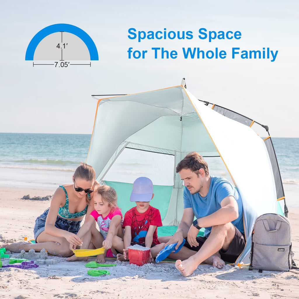WolfWise 3-4 Person Easy Up Beach Tent UPF 50+ Portable Instant Sun Shelter Canopy Umbrella with Extended Zippered Porch, Mint Green