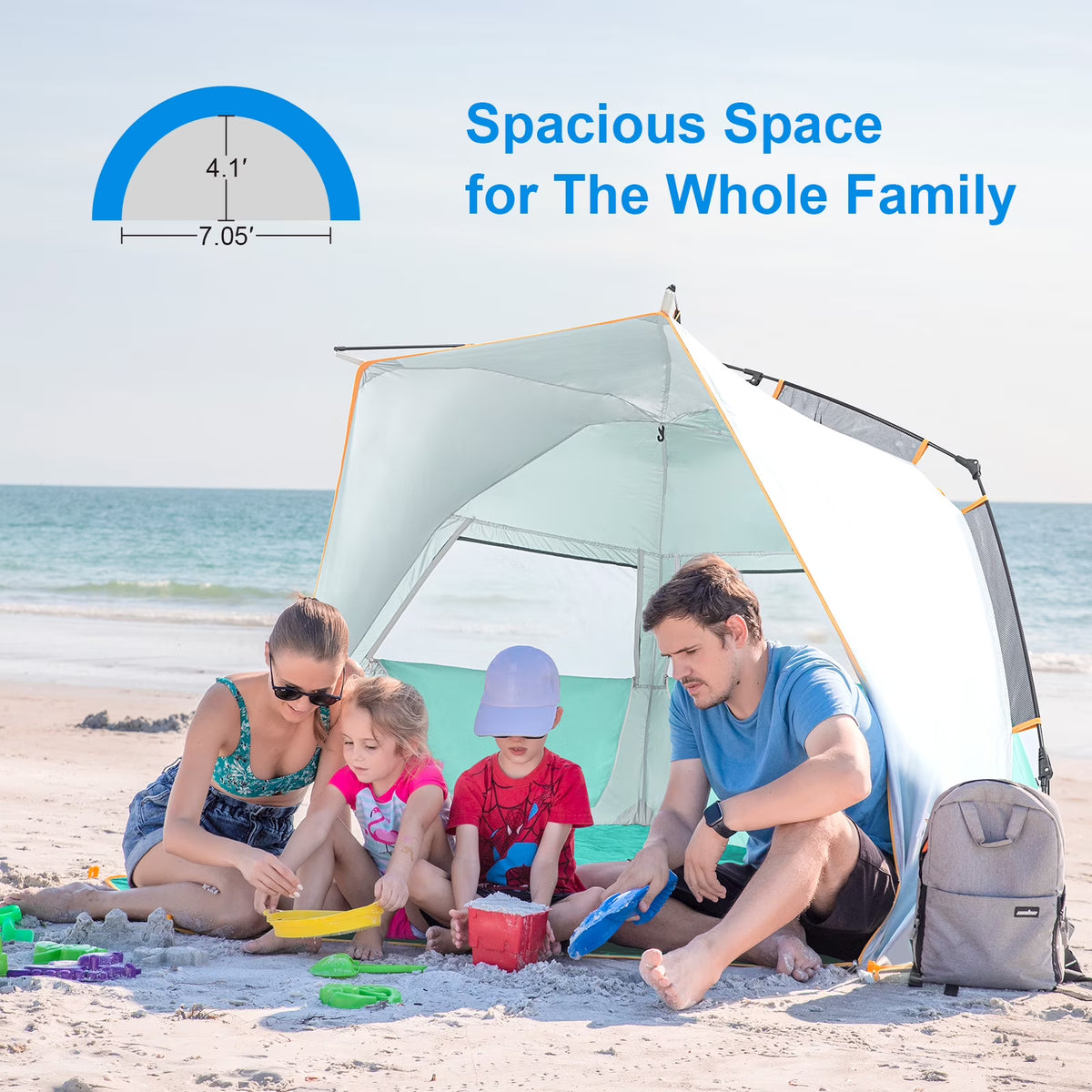WolfWise 3-4 Person Easy Up Beach Tent UPF 50+ Portable Instant Sun Shelter Canopy Umbrella with Extended Zippered Porch, Mint Green