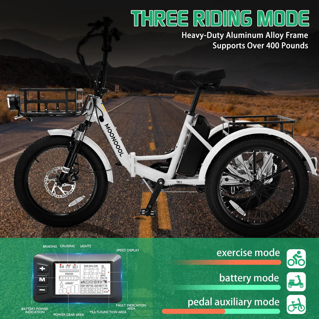 MOONCOOL TK1 Folding Electric Tricycle for Adults,48V 14.5Ah Removable battery, 500W Peak 1000w Motor, 20" Fat Tire Step-Thru 3Wheel Electric Bicycle w/Front&Rear Baskets, Certified to UL 2849 by SGS