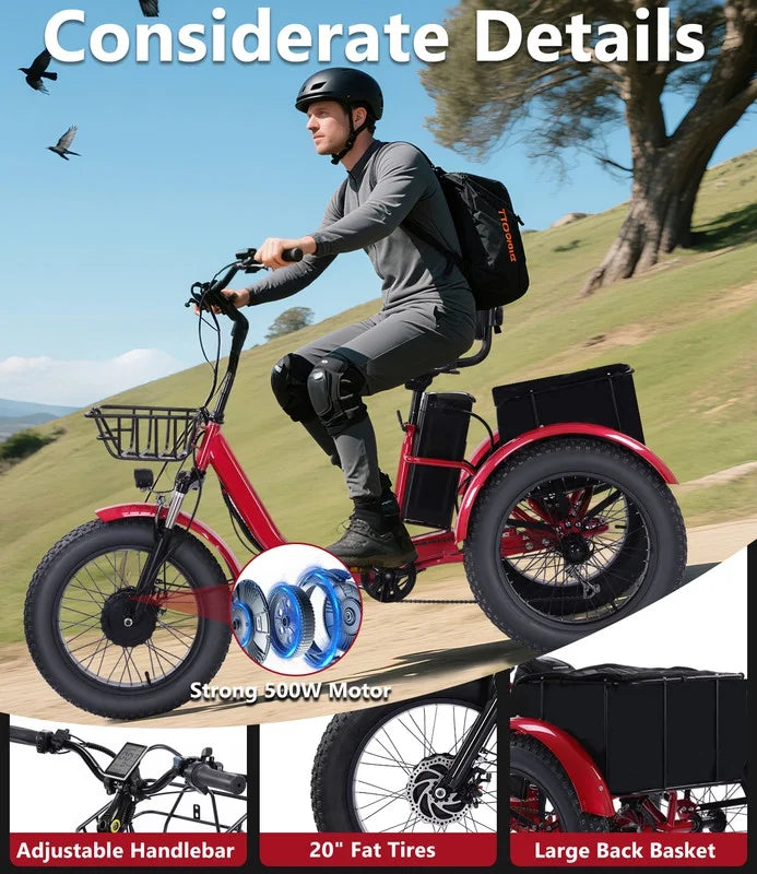 YEBEI Electric Tricycle for Adults Folding E-Trike Motorized Tricycle Electric 3 Wheels Trike Powerful 500W Motor Electric Tricycle 48V15AH Lithium Battery Max 20MPH 20*4.0 Fat Tire Orange