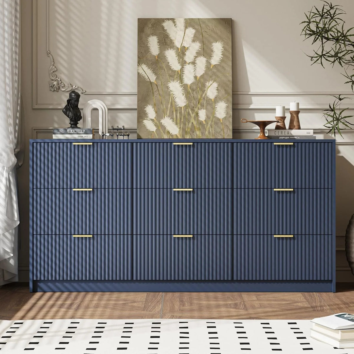 Furniway Fluted Large 9-Drawer Black Dresser