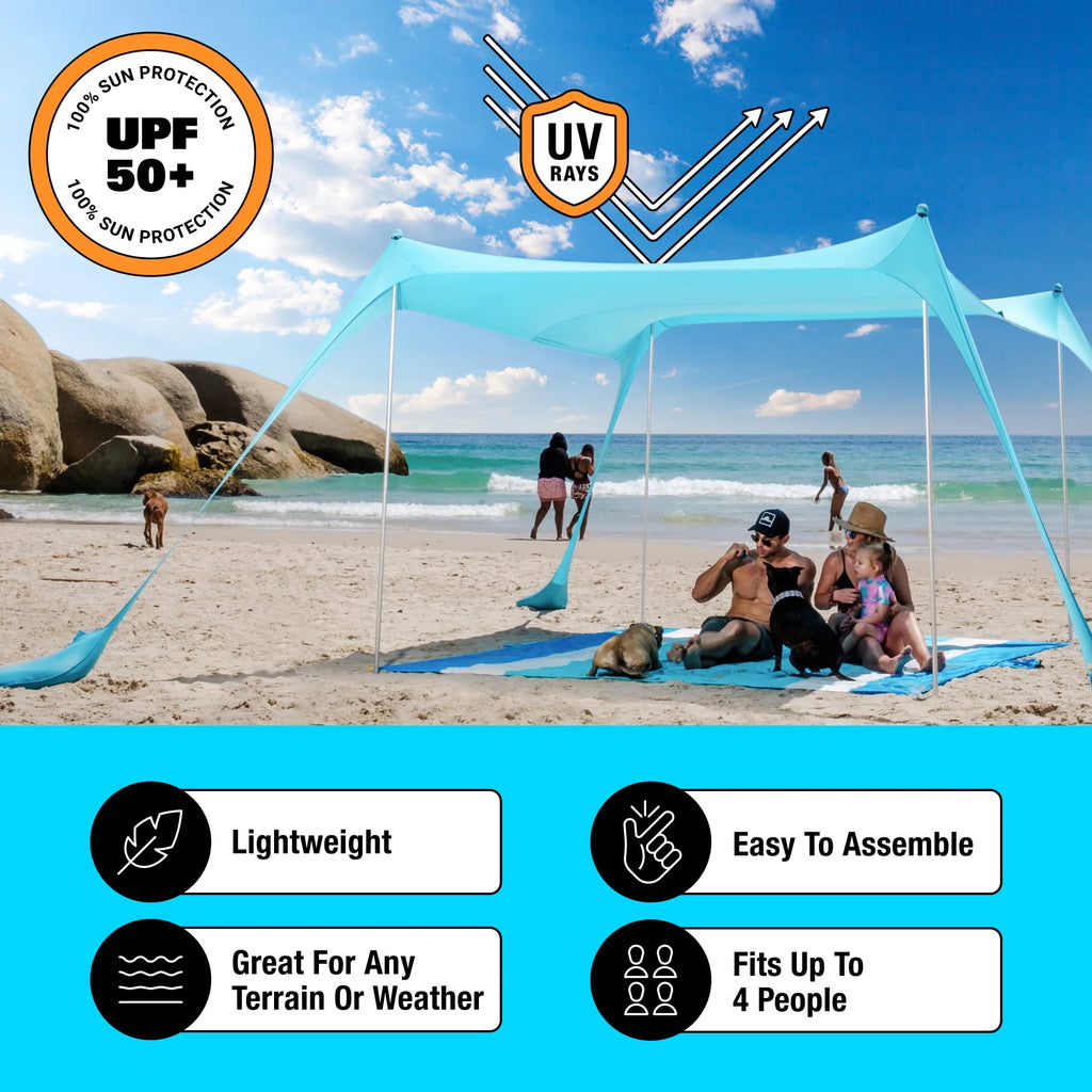 SUN NINJA 10x10.5 FT Pop-Up Beach Tent with Sand Shovel, Pegs & Stability Poles Navy Blue Sun Shelter for Beach, Camping & Outdoor Activities
