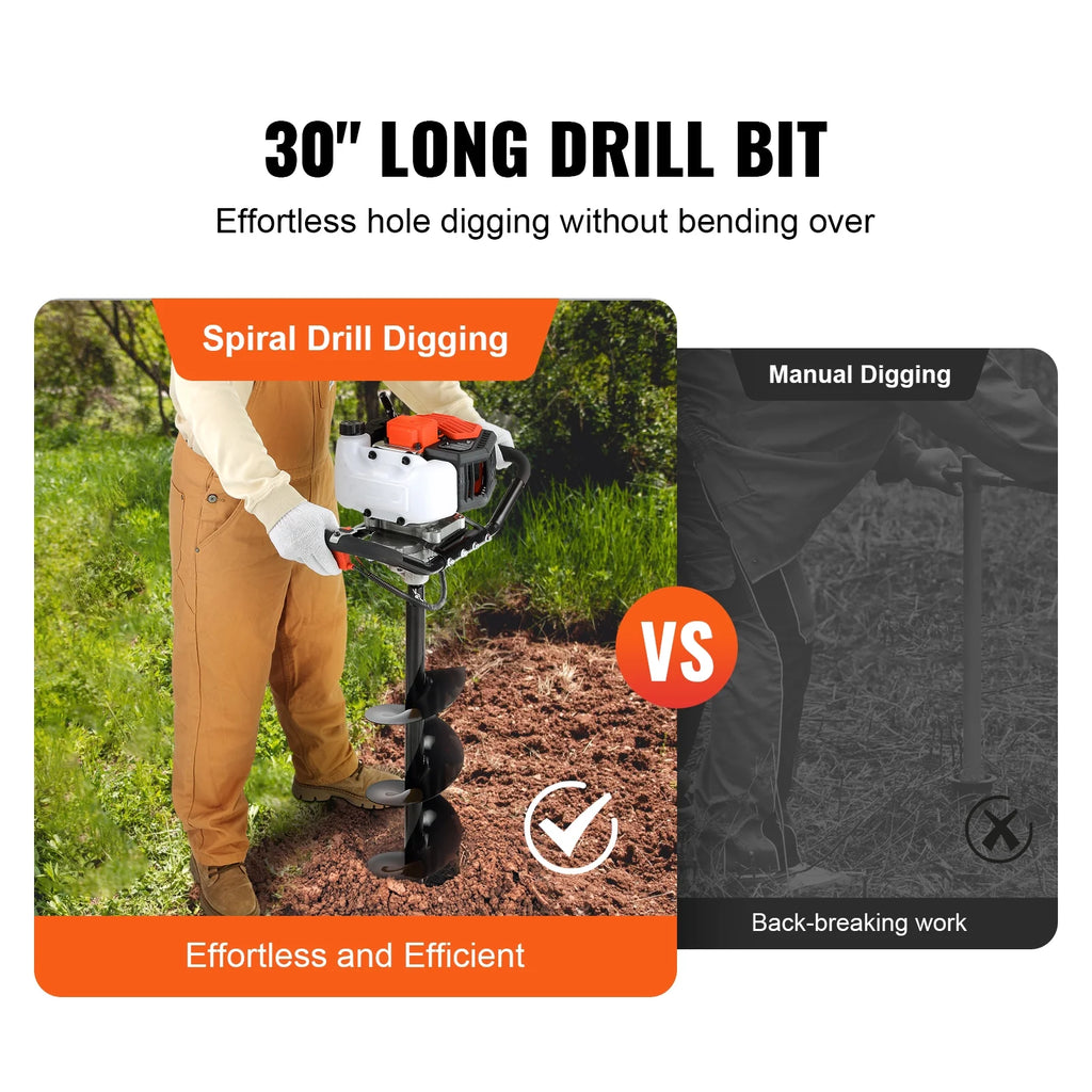 BENTISM Post Hole Digger 52cc Gas Powered Earth Digger 2 Auger Drill Bit 6" & 10"