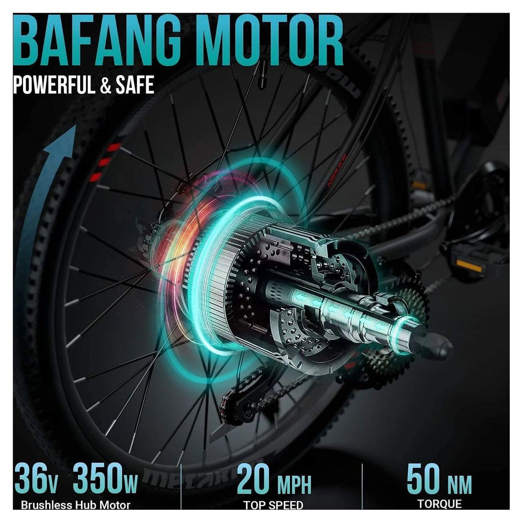 Metakoo 26 In. Mountain Electric Bicycle, 350 W Motor, 3 Hours Fast Charge, 36V Removable Battery, 20Mph with 21 Speed Gears, Black
