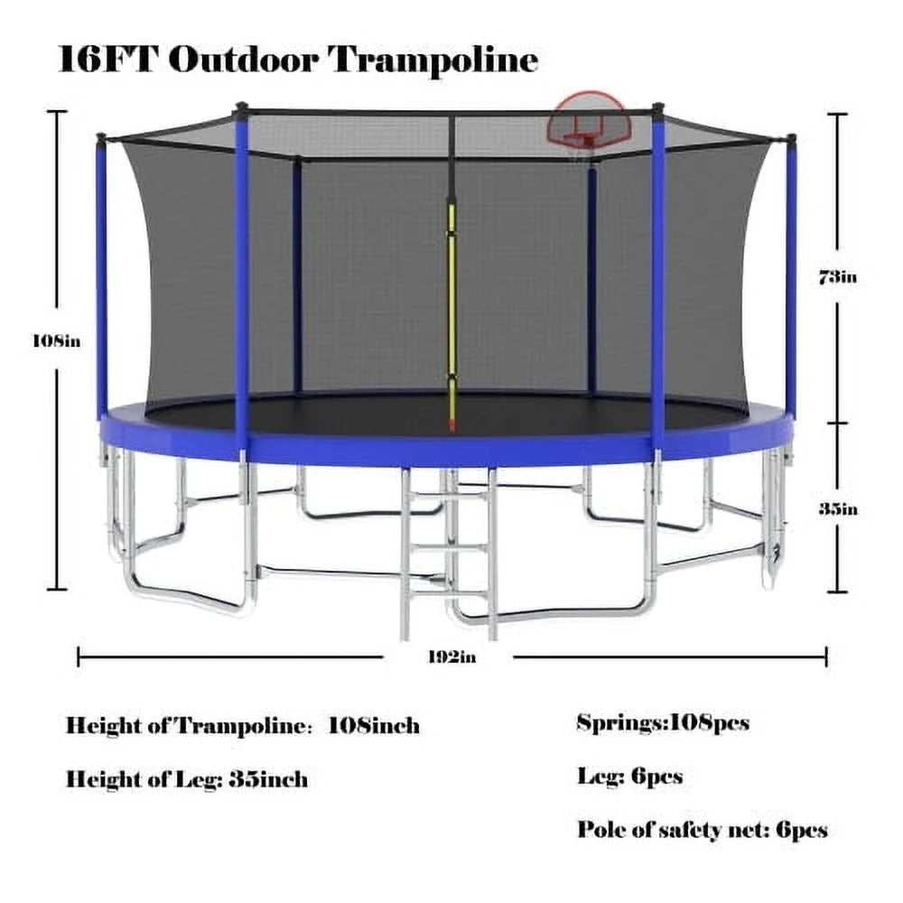 16FT Trampoline for Kids and Adults,Outdoor Large Recreational Trampoline with Ladder and Basketball Hoop,Blue