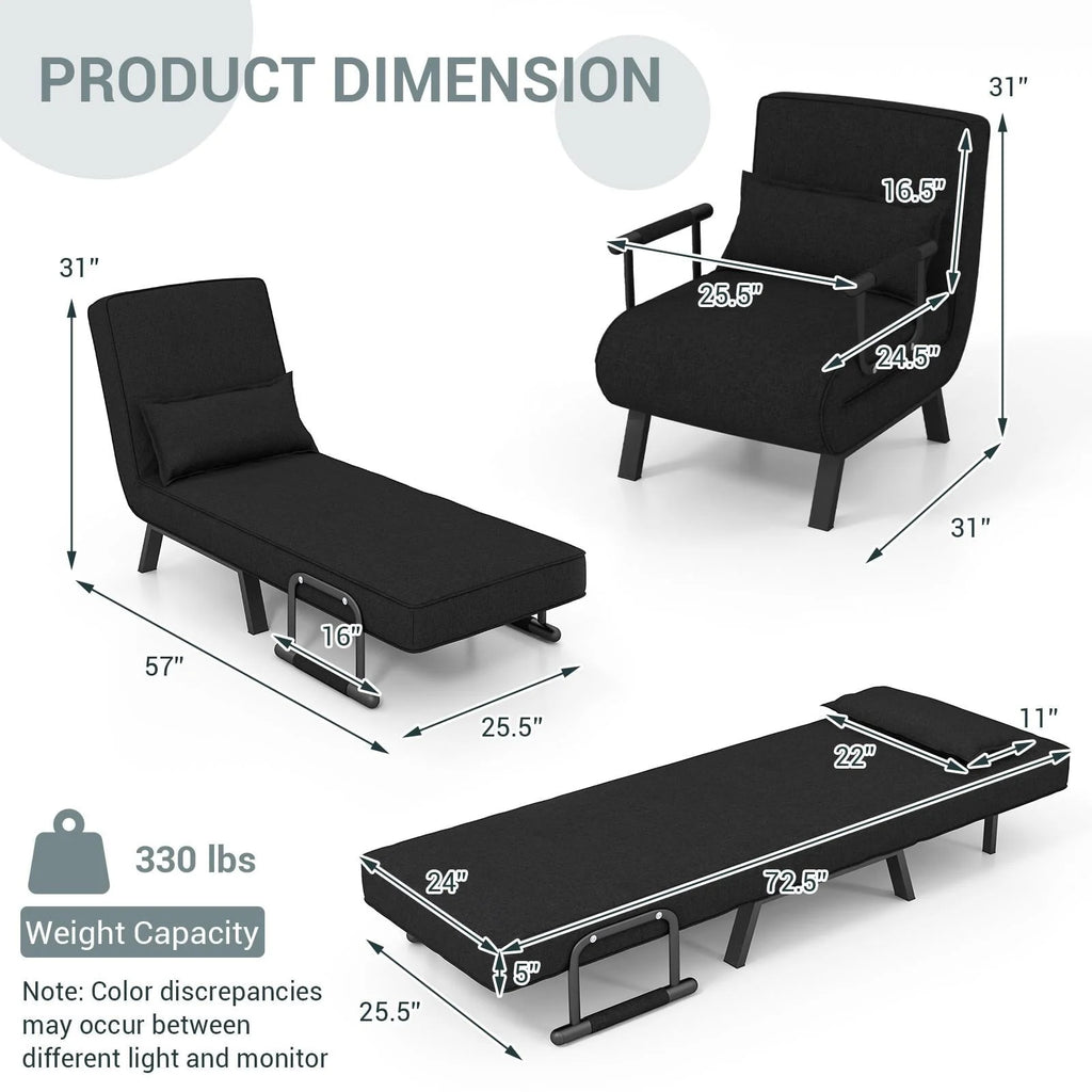 Giantex Convertible Sofa Chair Bed, Leisure Recliner Sleeper w/ 6 Adjustable Position Backrest into Lounge Seat, Folding Sofa Bed w/High Elastic Sponge, Durable Steel, Ideal for Home, Office (Black)