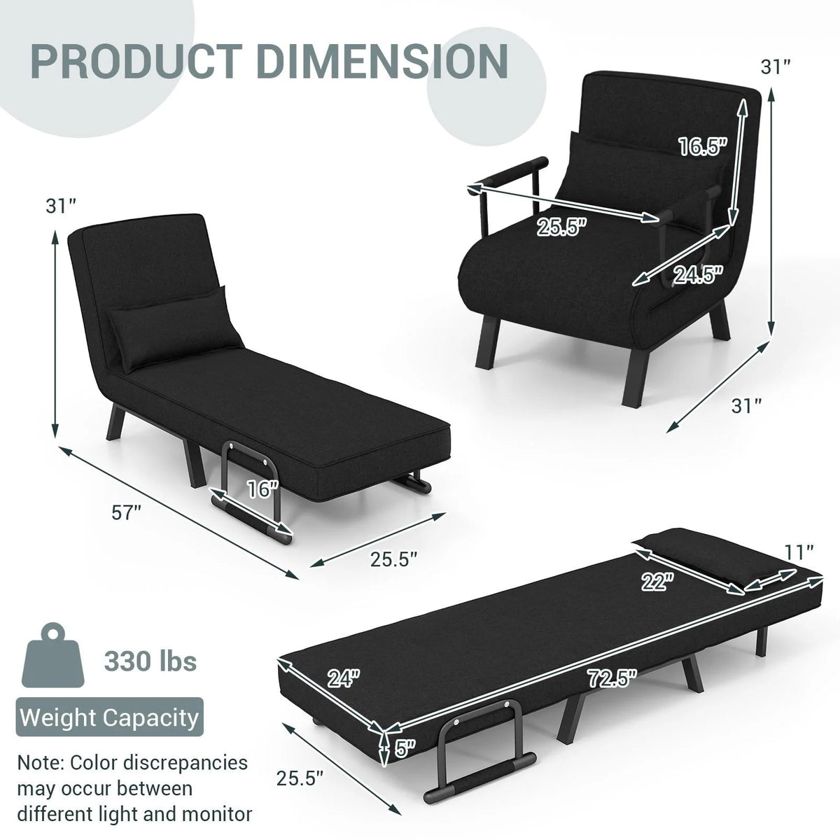 Giantex Convertible Sofa Chair Bed, Leisure Recliner Sleeper w/ 6 Adjustable Position Backrest into Lounge Seat, Folding Sofa Bed w/High Elastic Sponge, Durable Steel, Ideal for Home, Office (Black)