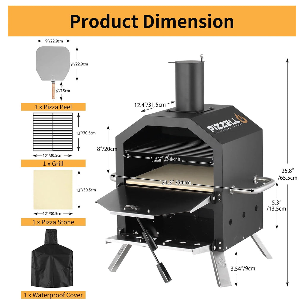Pizzello Outdoor Pizza Oven Wood Burning for Cooking 2 Pizzas Outside Pizza Maker with Pizza Stone, Pizza Peel, Cover - Black + Silver