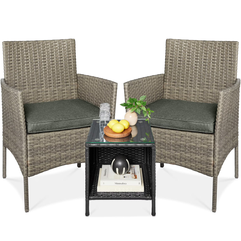 Best Choice Products 3-Piece Outdoor Wicker Conversation Patio Bistro Set, w/ 2 Chairs, Table - Gray/Navy
