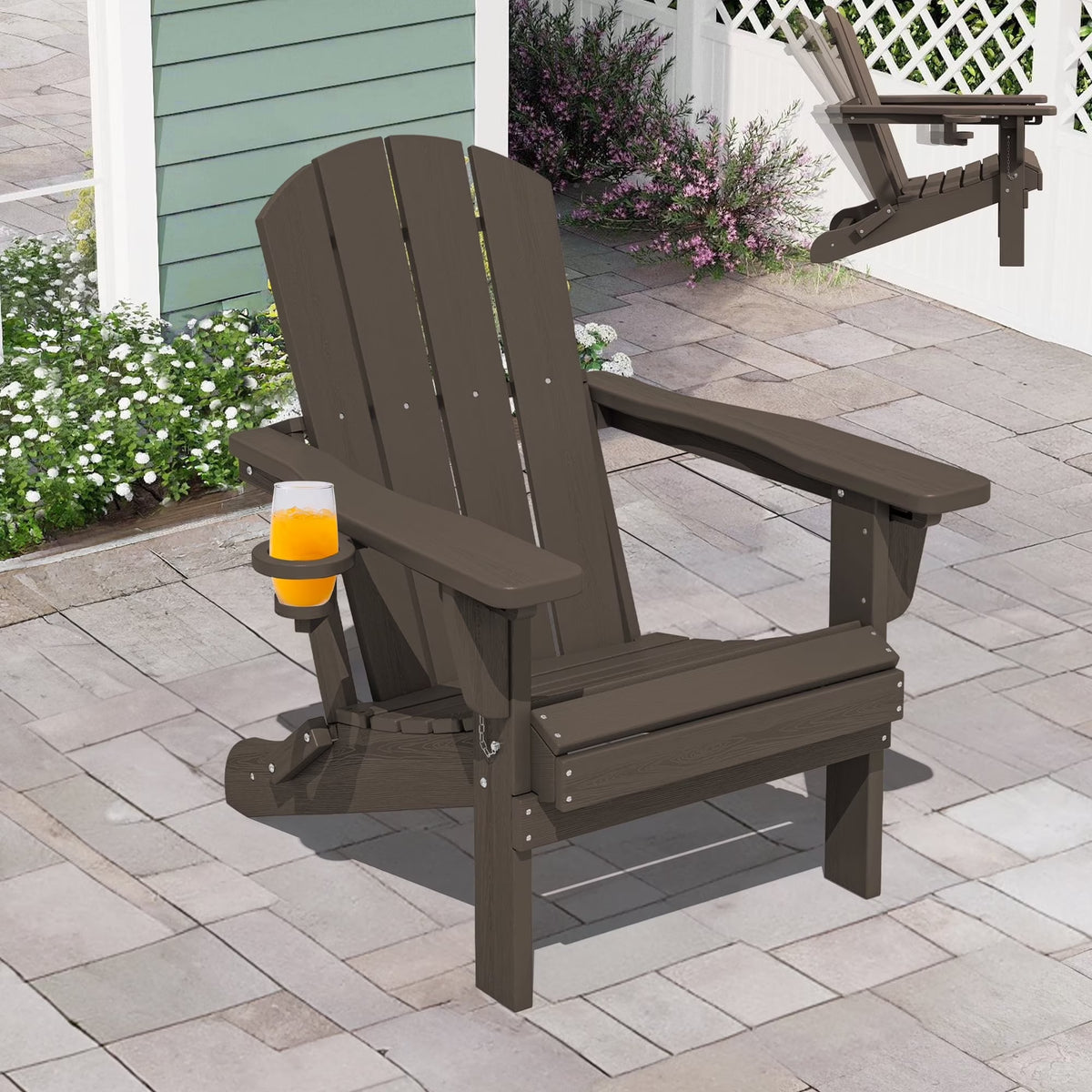 SERWALL Outdoor Adjustable Folding HDPE Adirondack Chairs Set of 2 with Cup Holder, Gray