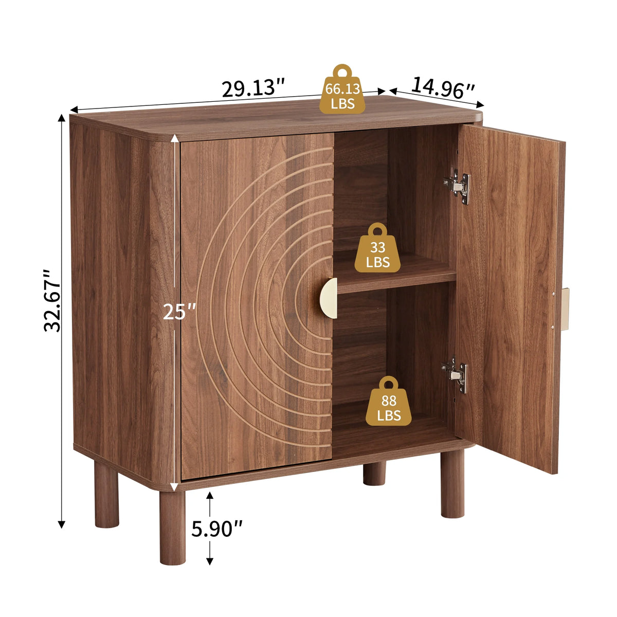 Accent Cabinet with Round Carved Line Door for Entryway Hallway, Walnut Sideboard Buffet Cabinet, Storage Cabinet with Adjustable Shelves for Living Room