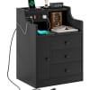 Nightstand with 3 Storage Drawers and Hutch, Black Night Stand with Charging Station End Side Table with 1 Door, Modern Bedside Table for Bedroom