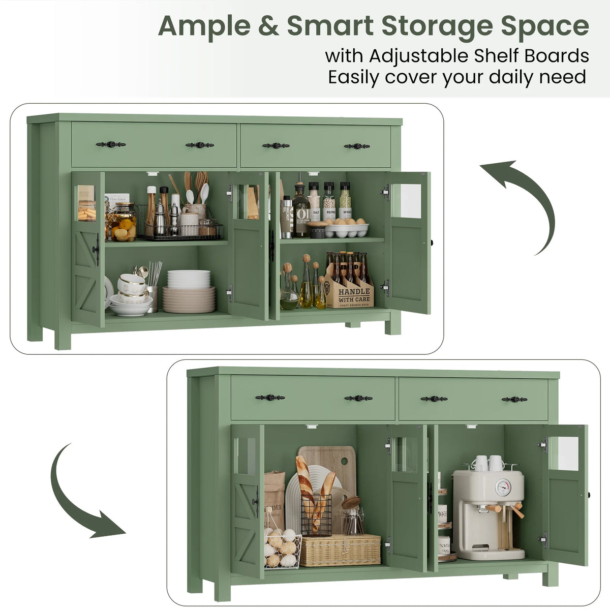 Homfa Farmhouse 55.1"WKitchen Buffet Cabinet with Storage Drawer & Adjustable Shelf, Glass Door Wood Sideboard Credenza Coffee Bar with for Dining Room Living Room, White & Black