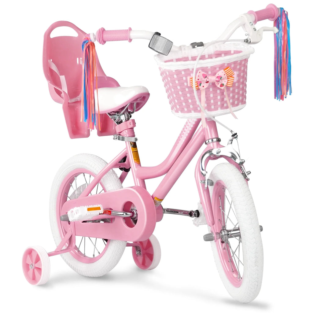 XJD Girls Bike for Toddlers 3-9 Years Old Kids, 14 Inch Kids Bike with Training Wheels, Streamers, Basket and Doll Seat, Children Bicycles with Handbrake