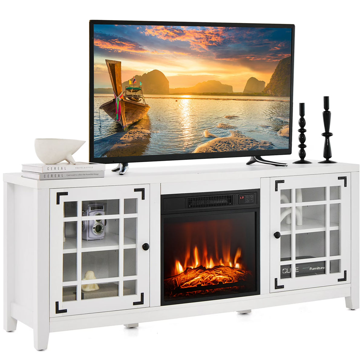 Costway 58 Inches Fireplace TV Stand for TVs up to 65 Inches with 1400W Electric Fireplace Natural