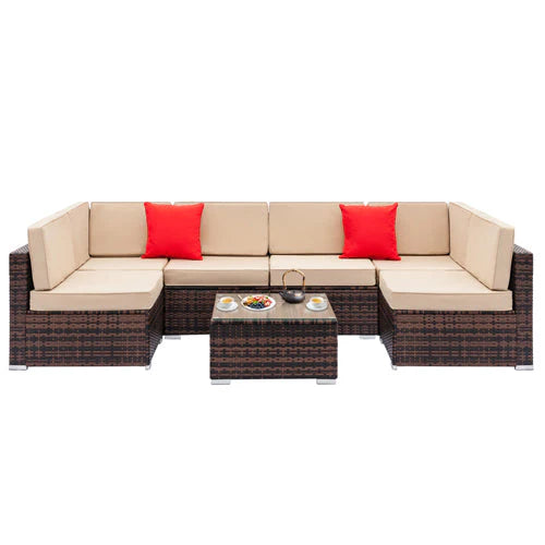 Wicker Patio Sofa Sets, 7 Pieces Outdoor Seating Sets, Lounge Sofa and Tempered Glass Coffee Table, Deck Front Garden Furniture Set, Brown Rattan + Beige Cushion
