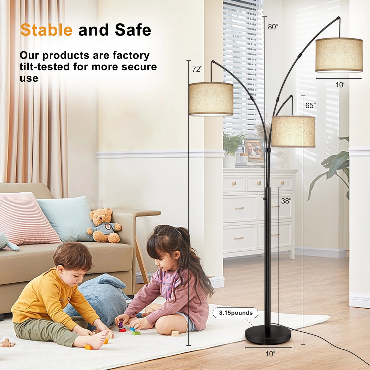 Netin 80 3-Light Modern Dimmable Black Arc Floor Lamp with Beige Shades