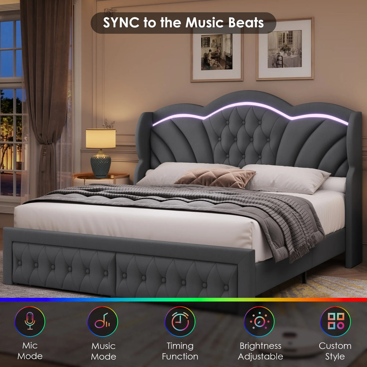 Hiphuta Modern Queen Bed Frame with 2 Drawers, LED Lights Platform Bed Frame, Sturdy Beds Frame with Upholstered Button Tufted Headboard, Velvet White