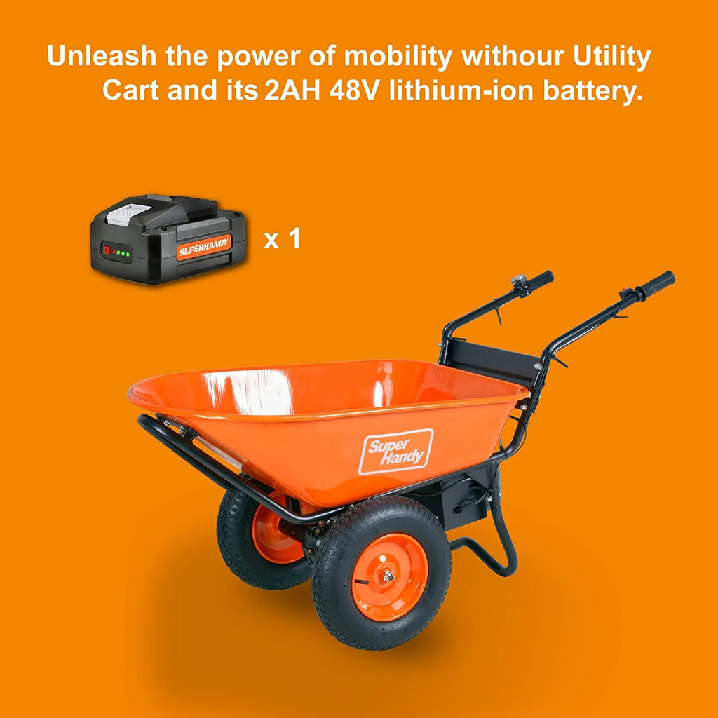 SuperHandy Motorized Wheel Barrow - Electric Self-Propulsion, 48V 2Ah Battery, 330lb Capacity, 4 Cu. Ft Tub, DUMP