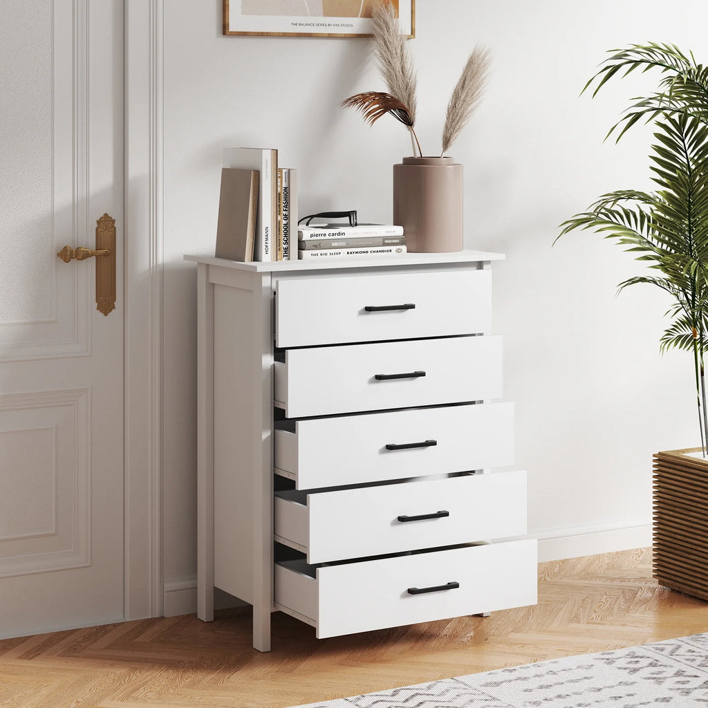 Costway Modern 5 Drawer Chest Storage Dresser Cabinet with Metal Handles Gray Oak