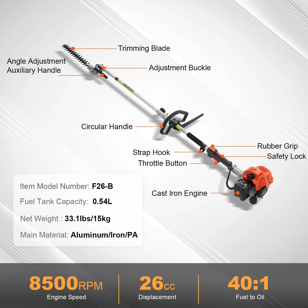 KFFKFF 26CC 5-in-1 Versatile Gardening Tools, Gas-Powered Hedge Trimmer, Grass Cutter, Line Trimmer, Edger, and Pole Saw with Extendable Shaft