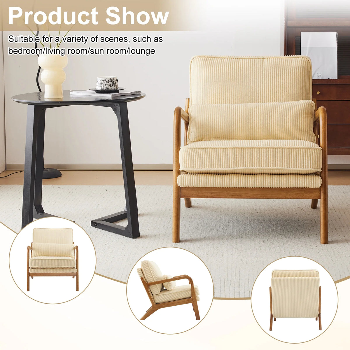 Ktaxon Accent Chair Corduroy Upholstered Armchair, Reading Club Chair with Pillow and Solid Wood Frame for Living Room Bedroom Furniture Off White
