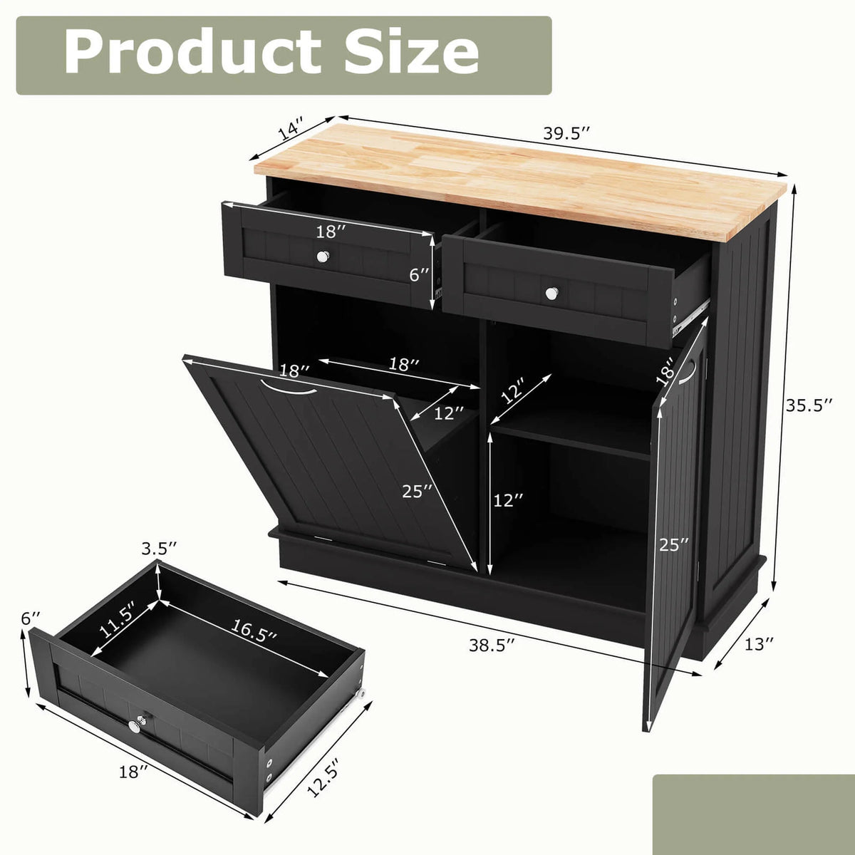 Costway 15.5 Gallon Kitchen Tilt Out Trash Cabinet Rubber Wood Tabletop 2 Drawers Shelf Gray