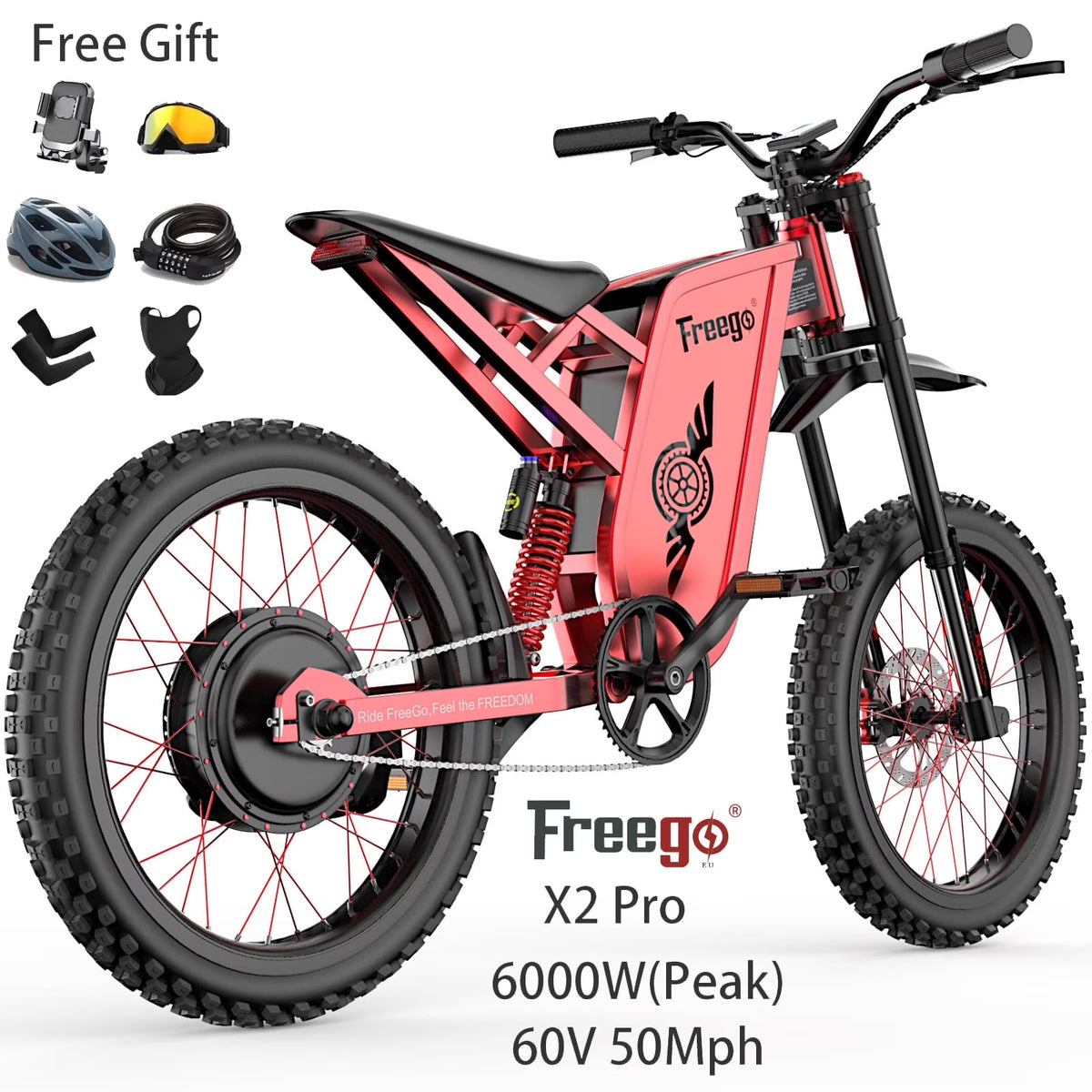 6000W(Peak) Motor 60V/30Ah Battery Freego X2Pro Electric Motorcycle for Adults, Electric Bike ,50MPH/7 Speed Off Road Electric Bicycle,19x2 Full Suspension/Four-Piston Hydraulic Brake UL2849MTB