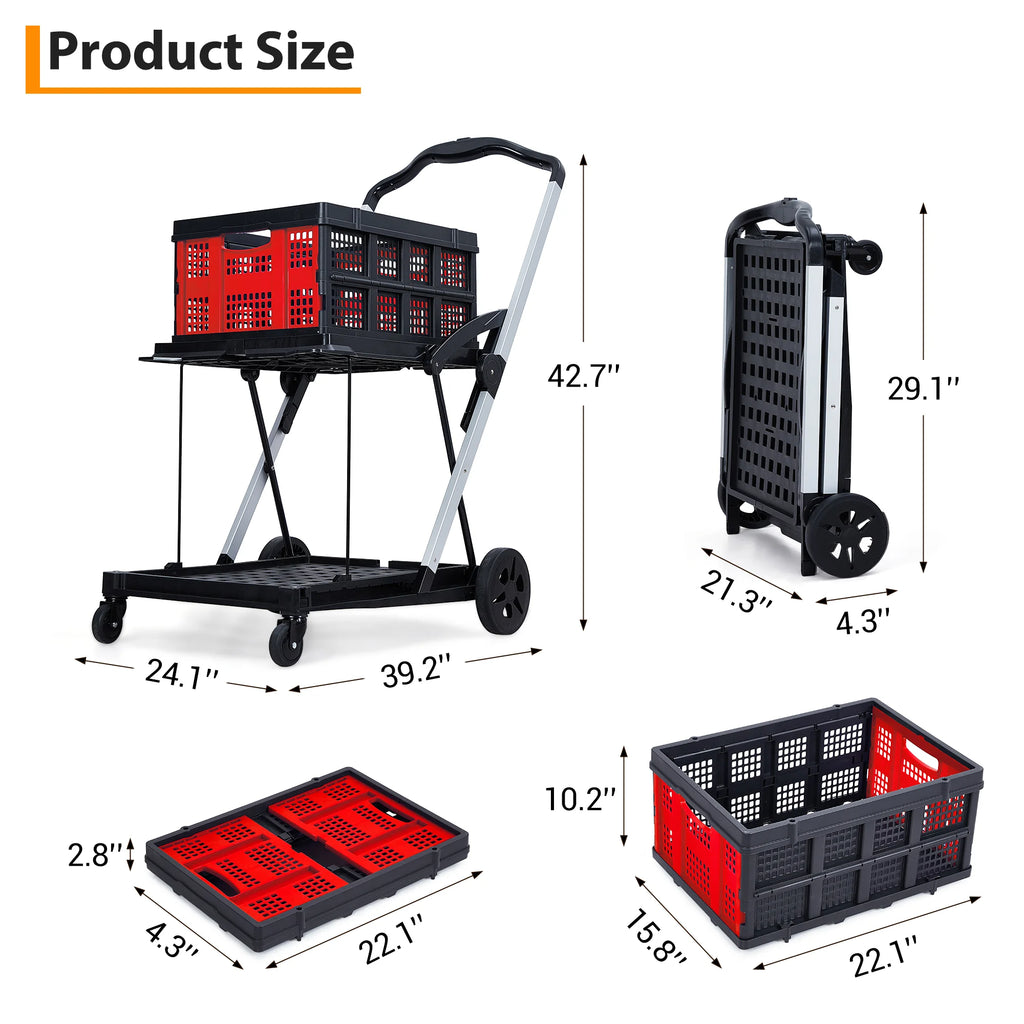 Garvee Foldable Shopping Cart for Groceries, 2-Tier Collapsible Utility Carts with Wheels & Removable Storage Crate, Aluminium & PP, Portable for Supermarket & Home Use
