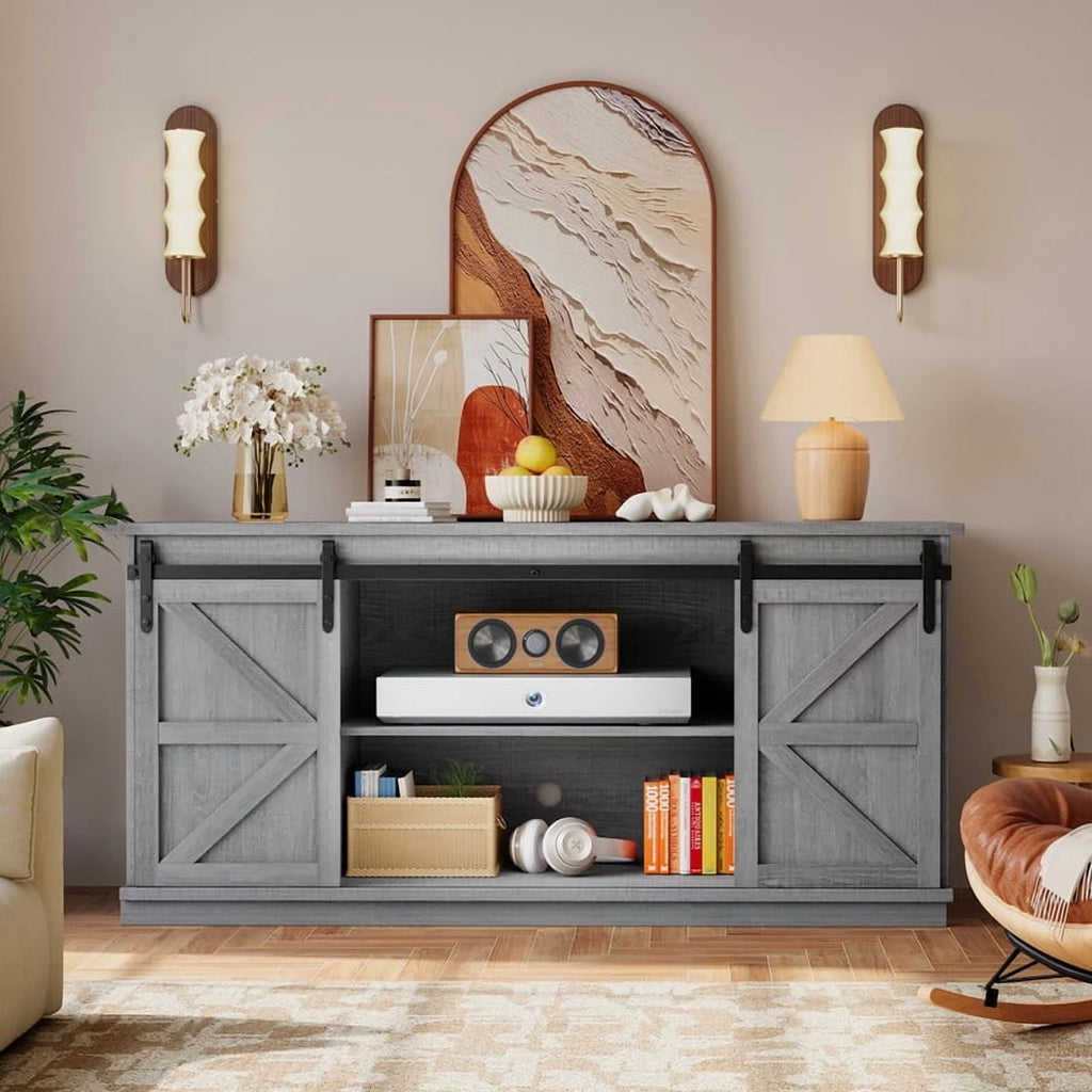 Vineego 70 inch Farmhouse TV Stand for Living Room, Entertainment Center with Sliding Barn Doors & 4 Storage Drawers, Adjustable Shelves Rustic Media Console for Bedroom,White