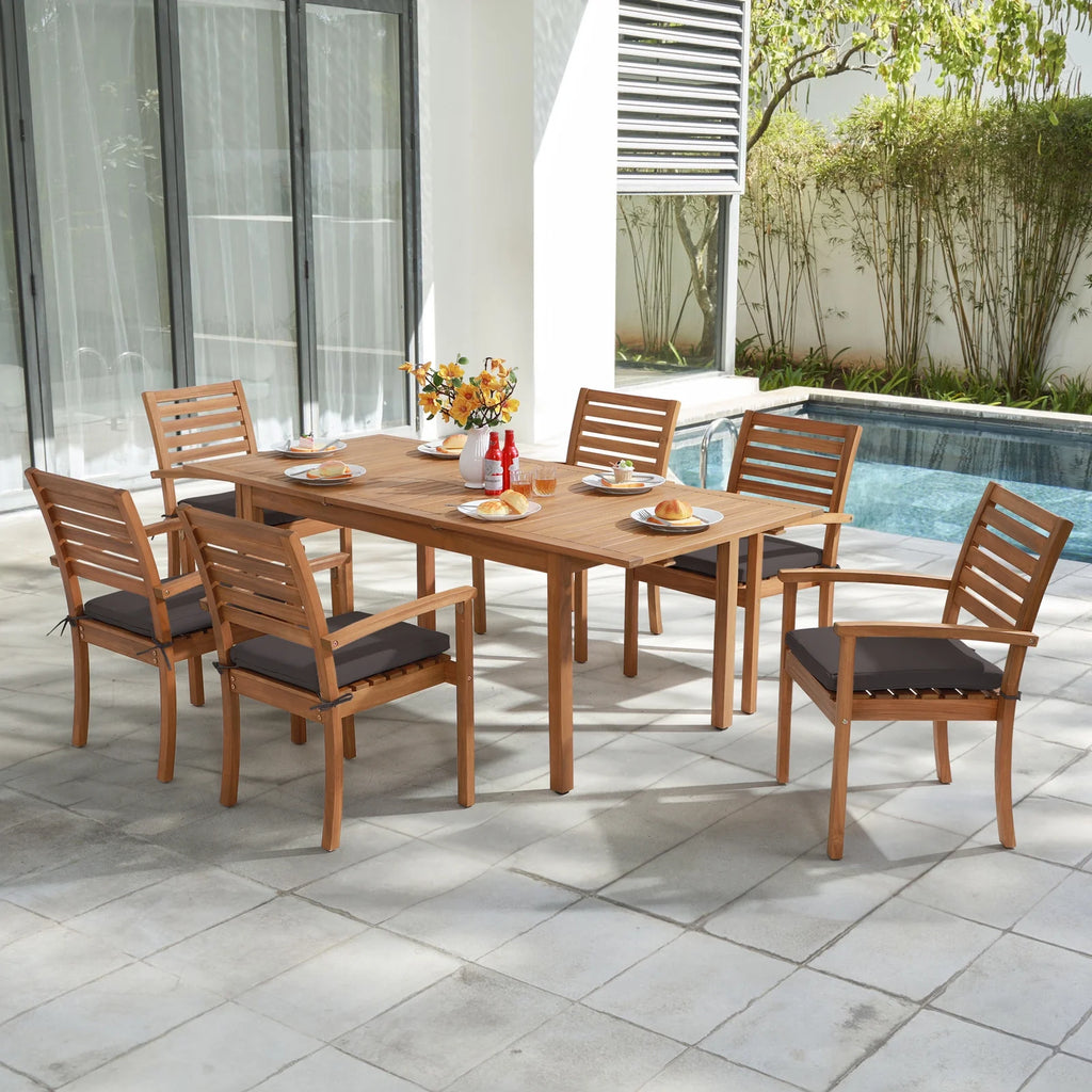 7 Piece Patio Dining Set, Outdoor Acacia Wood Furniture Set, Extendable Rectangular Table and 6 Stackable chairs w/Removeable Fabric Cushion, FSC Certified, for Deck Garden Backyard