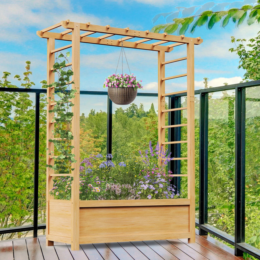 Slsy 63" Screen Raised Garden Bed, Wooden Planter Box with Hanging Roof & Drainage Holes, Indoor Outdoor Elevated Planter for Vine, Climbing Plants, Flowers, Patio & Garden