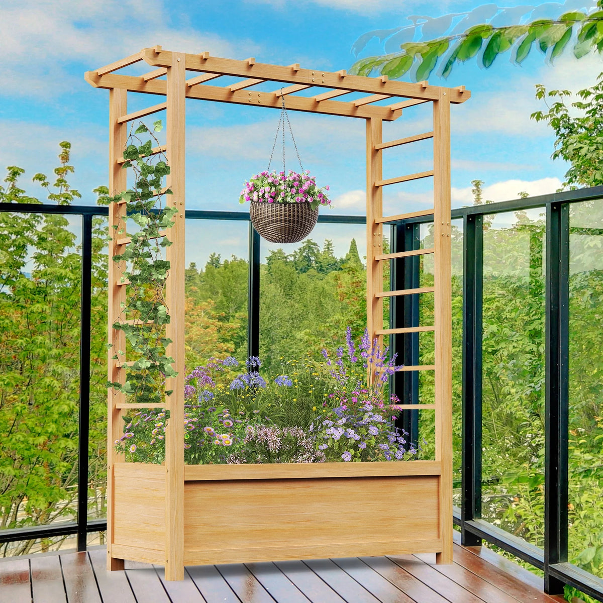 Slsy 63" Screen Raised Garden Bed, Wooden Planter Box with Hanging Roof & Drainage Holes, Indoor Outdoor Elevated Planter for Vine, Climbing Plants, Flowers, Patio & Garden